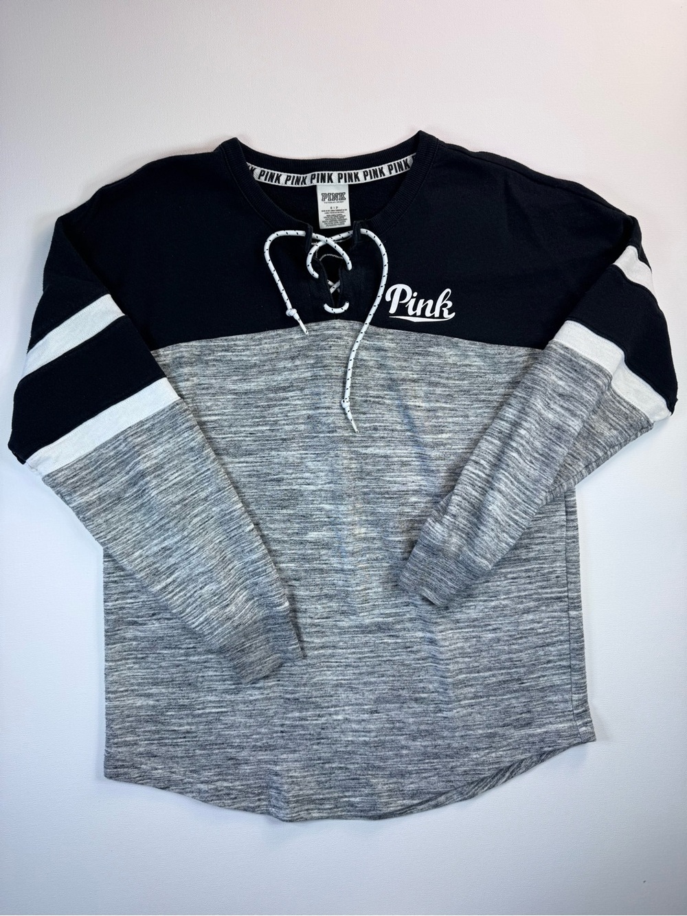 PINK Victoria's Secret Black White Varsity Dog Logo Sweatshirt Lace Up Small